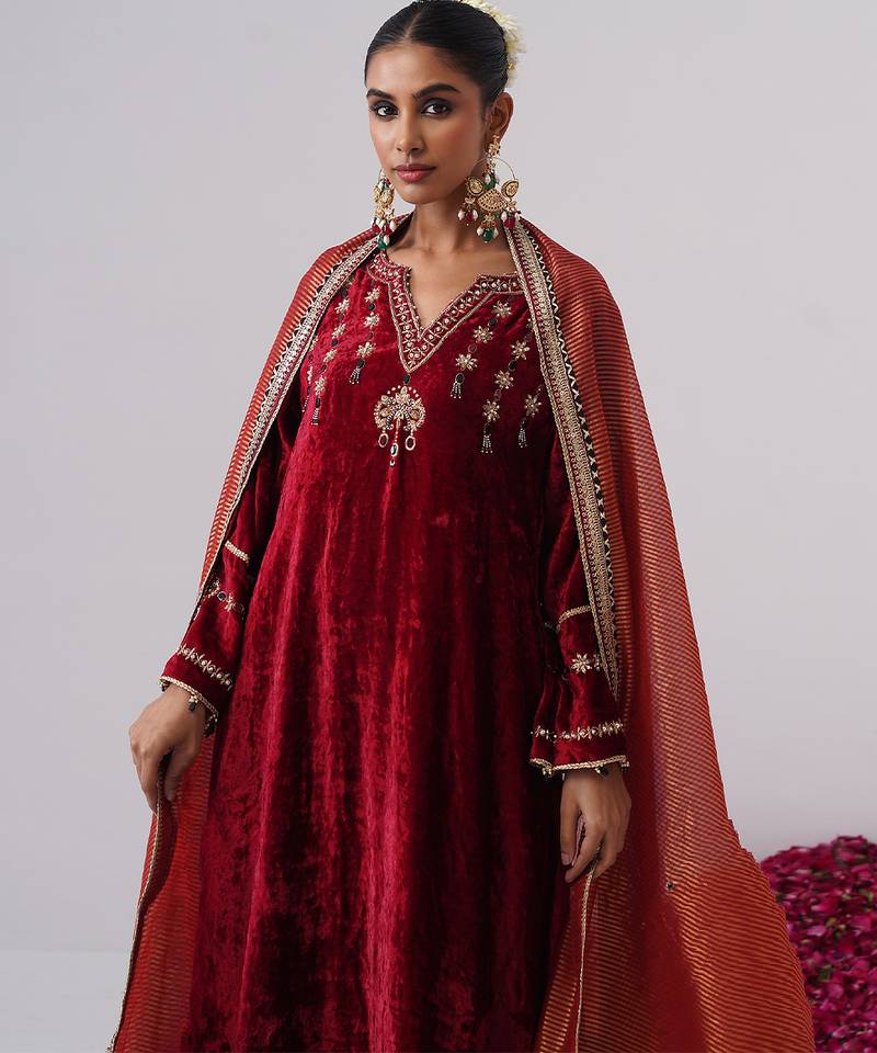 Red embroidered velvet kurta set