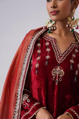 Red embroidered velvet kurta set