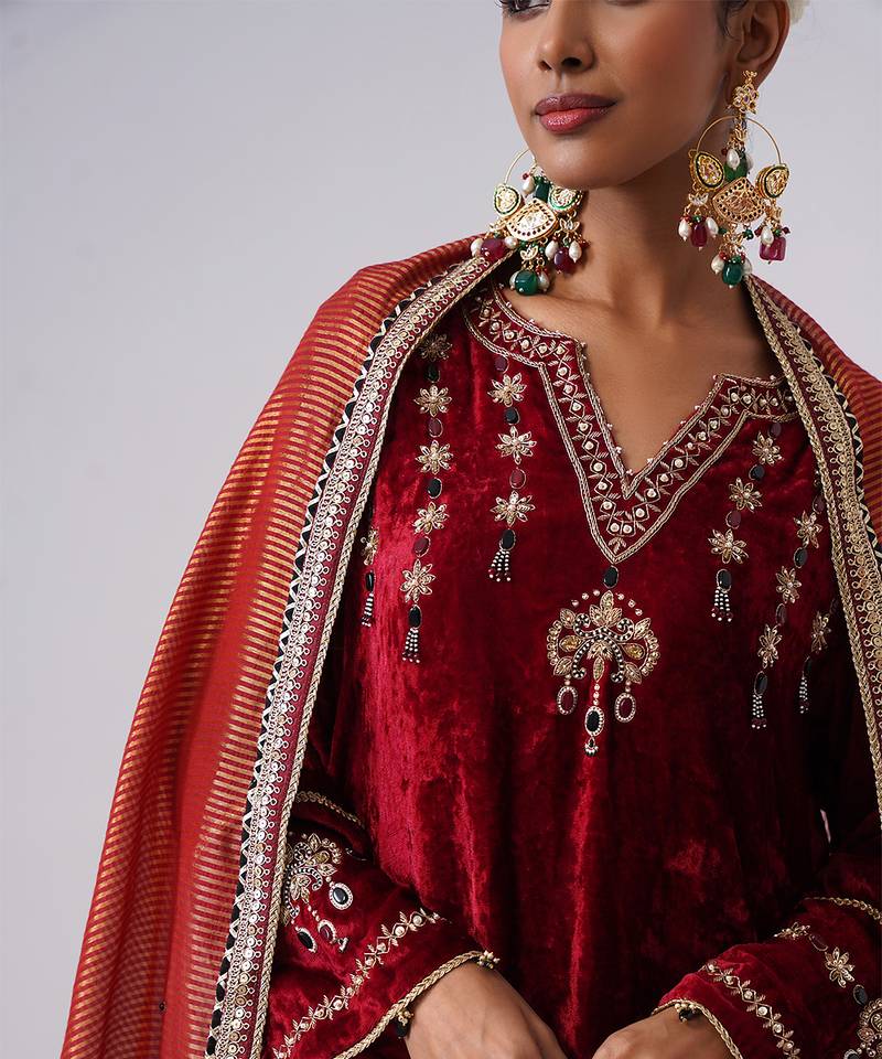 Red embroidered velvet kurta set