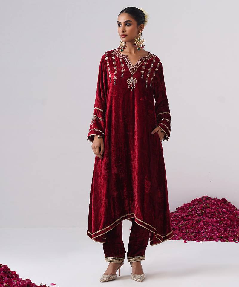 Red embroidered velvet kurta set
