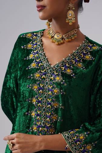 Green embroidered velvet kurta set