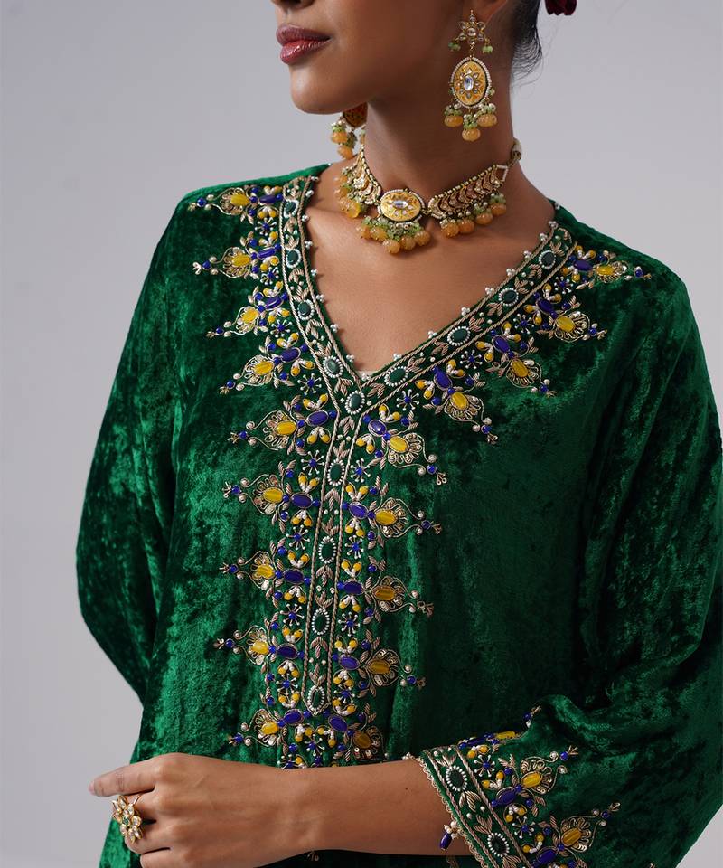 Green embroidered velvet kurta set