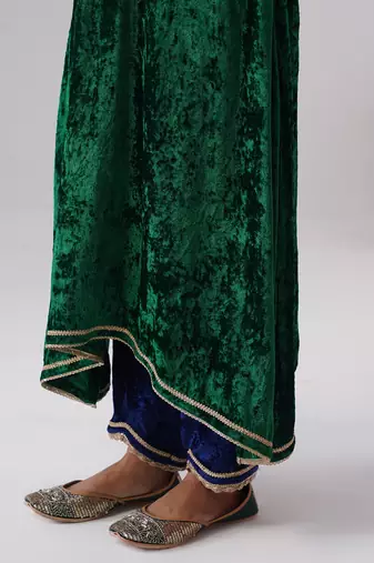 Green embroidered velvet kurta set
