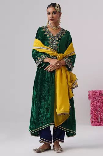 Green embroidered velvet kurta set