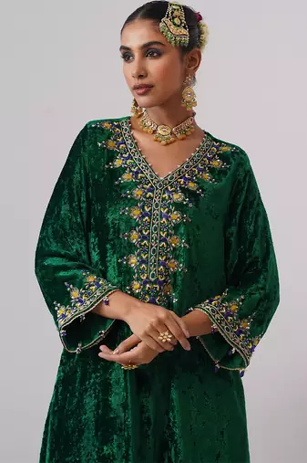 Green embroidered velvet kurta set