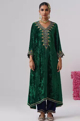 Green embroidered velvet kurta set