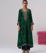 Green embroidered velvet kurta set