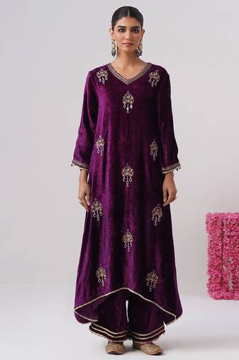 Purple embroidered velvet kurta set