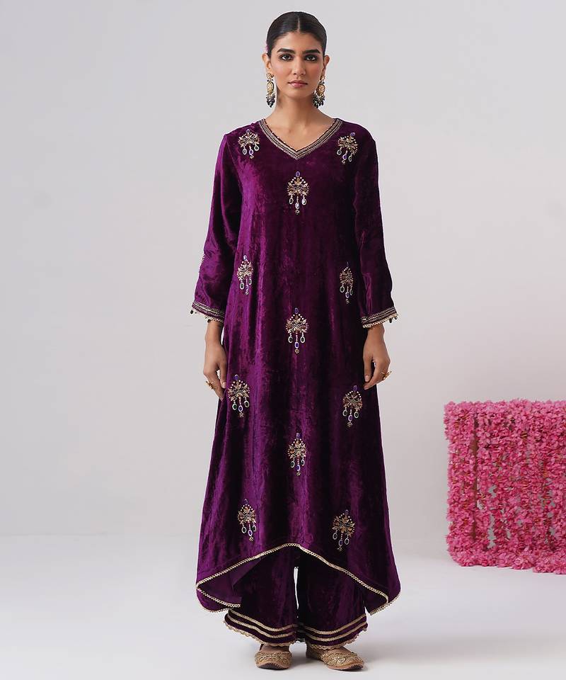Purple embroidered velvet kurta set