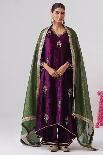Purple embroidered velvet kurta set