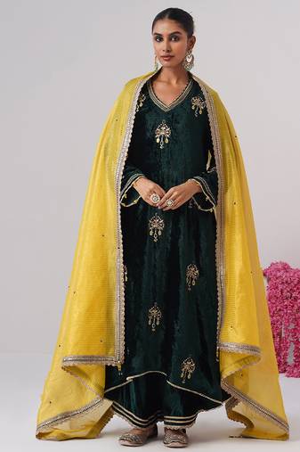 Green embroidered velvet kurta set