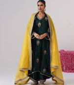 Green embroidered velvet kurta set