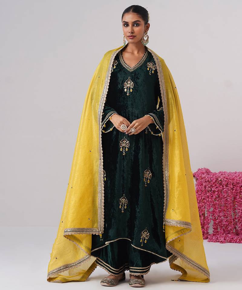 Green embroidered velvet kurta set