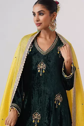 Green embroidered velvet kurta set