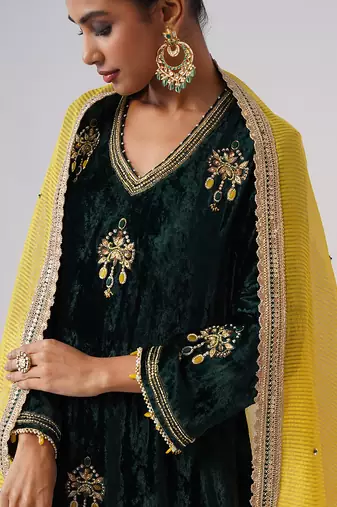 Green embroidered velvet kurta set