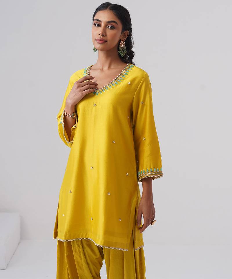 Yellow embroidered chanderi silk kurta set