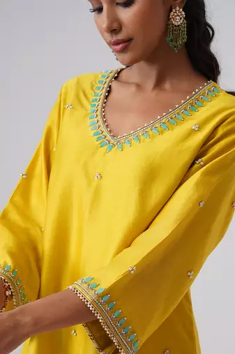 Yellow embroidered chanderi silk kurta set