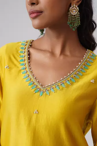 Yellow embroidered chanderi silk kurta set