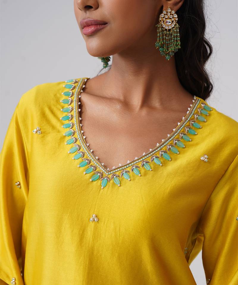 Yellow embroidered chanderi silk kurta set