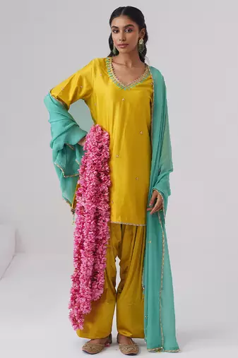 Yellow embroidered chanderi silk kurta set