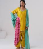 Yellow embroidered chanderi silk kurta set
