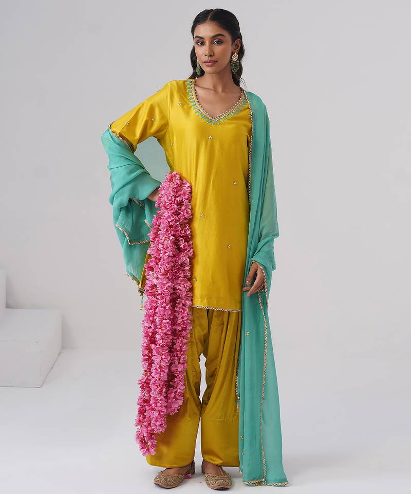 Yellow embroidered chanderi silk kurta set