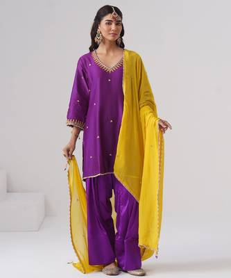 Purple embroidered chanderi silk kurta set 1