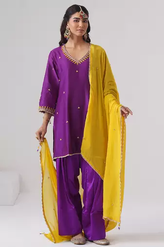 Purple embroidered chanderi silk kurta set
