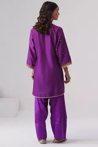 Purple embroidered chanderi silk kurta set