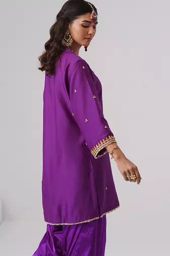 Purple embroidered chanderi silk kurta set