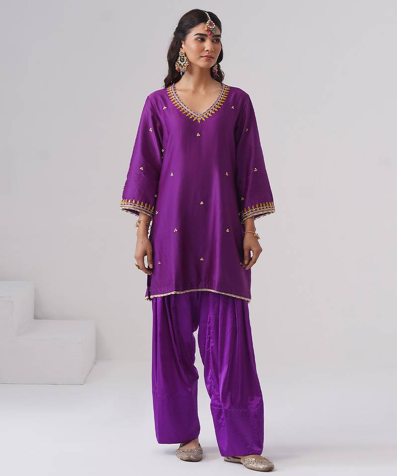 Purple embroidered chanderi silk kurta set