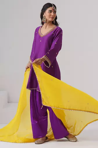 Purple embroidered chanderi silk kurta set