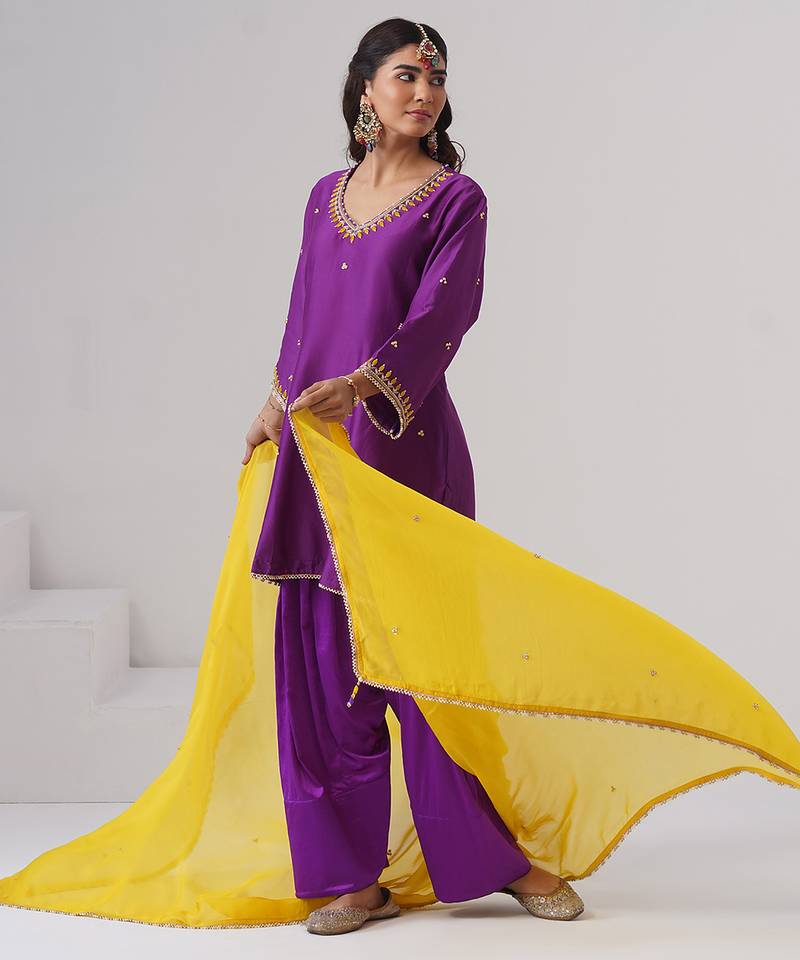 Purple embroidered chanderi silk kurta set
