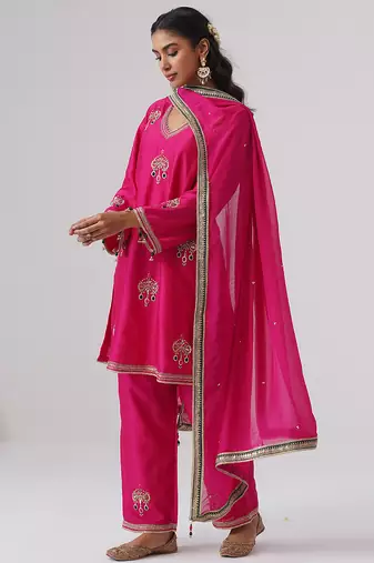 Pink embroidered chanderi silk kurta set