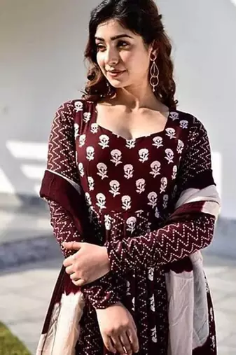 Jaipuri Coffee Maroon Anarkali Gown With Dupatta Set