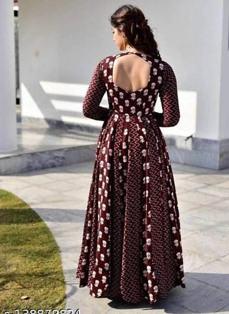 Jaipuri Coffee Maroon Anarkali Gown With Dupatta Set