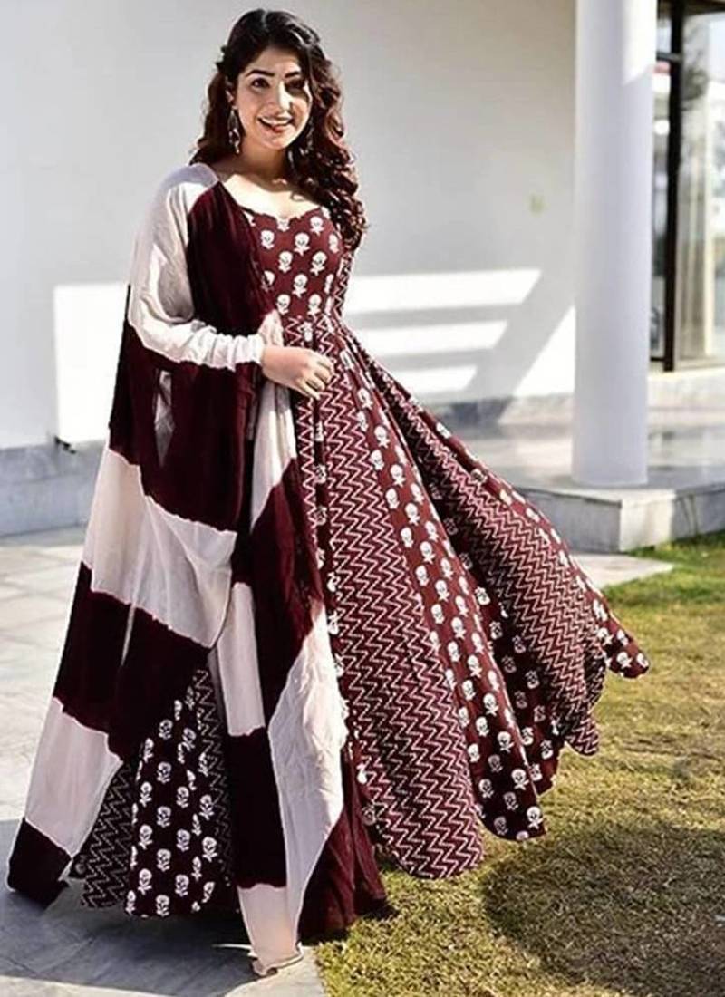 Jaipuri Coffee Maroon Anarkali Gown With Dupatta Set