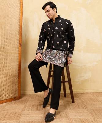 BLACK VISCOSE SILK THREAD & SEQUINS EMBROIDERED WORK WEDDING FESTIVAL MARRIAGE PARTY WEAR STRAIGHT MENS KURTA 6