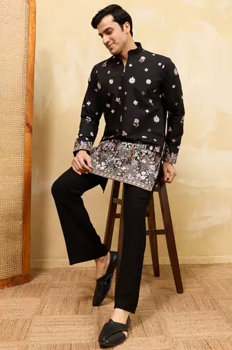 BLACK VISCOSE SILK THREAD & SEQUINS EMBROIDERED WORK WEDDING FESTIVAL MARRIAGE PARTY WEAR STRAIGHT MENS KURTA