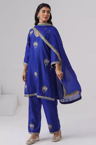 Blue embroidered chanderi silk kurta set