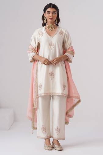 White embroidered chanderi silk kurta set