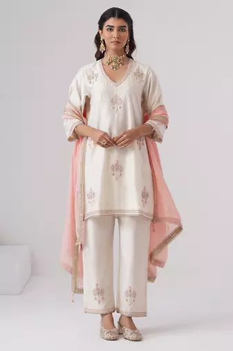 White embroidered chanderi silk kurta set