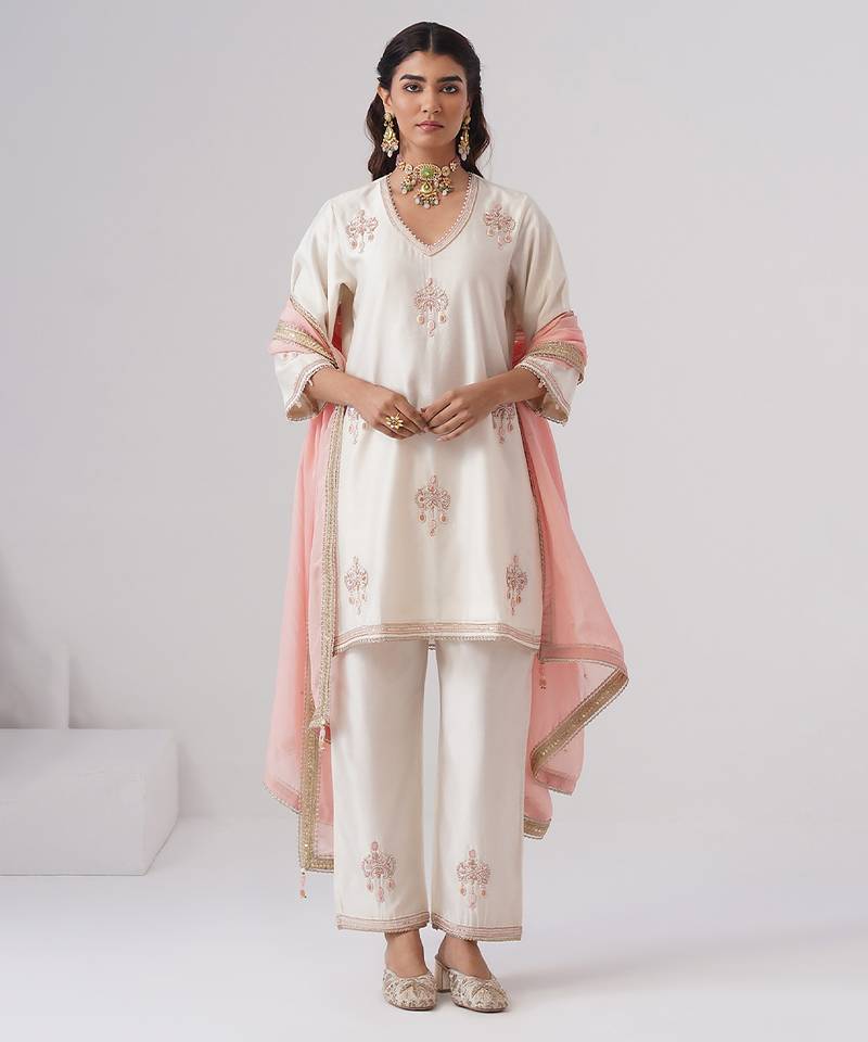 White embroidered chanderi silk kurta set