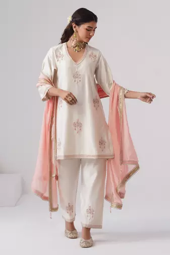 White embroidered chanderi silk kurta set