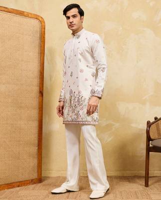 WHITE VISCOSE SILK THREAD & SEQUINS EMBROIDERED WORK WEDDING FESTIVAL MARRIAGE PARTY WEAR STRAIGHT MENS KURTA 6