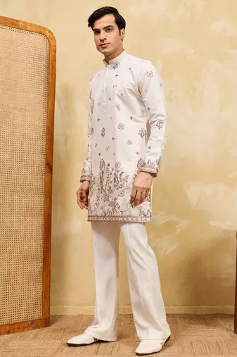 WHITE VISCOSE SILK THREAD & SEQUINS EMBROIDERED WORK WEDDING FESTIVAL MARRIAGE PARTY WEAR STRAIGHT MENS KURTA