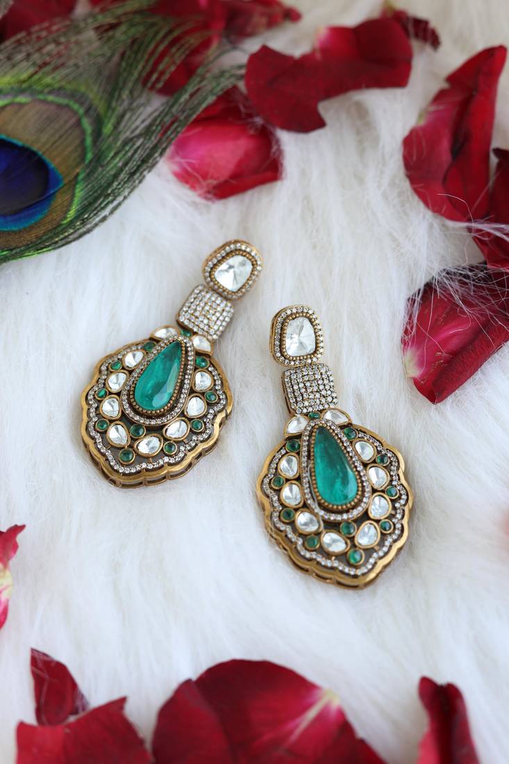 Green teardrop polki earrings