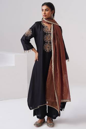 Black embroidered chanderi silk kurta set