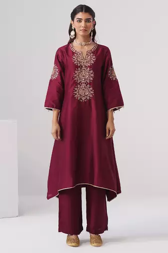 Maroon embroidered chanderi silk kurta set