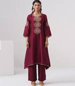 Maroon embroidered chanderi silk kurta set
